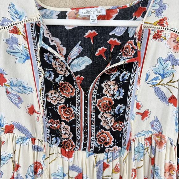 Patrons of Peace Boho Floral Mini Dress S Cream Black Ruffle Peasant Festival - Picture 5 of 13